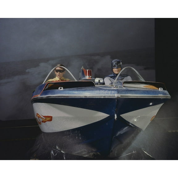 Batman Adam West Burt Ward in bat speed boat on tv set against backdrop 24x36 Movie Poster HD Aluminum Wall Art