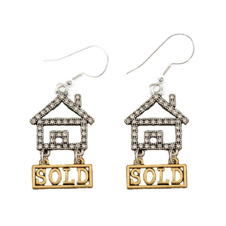 Old Vintage Estate Jewelry - Real Estate Realtor Crystal House Gold Sold Silver Wire Hook Earrings Jewelry Home Seller