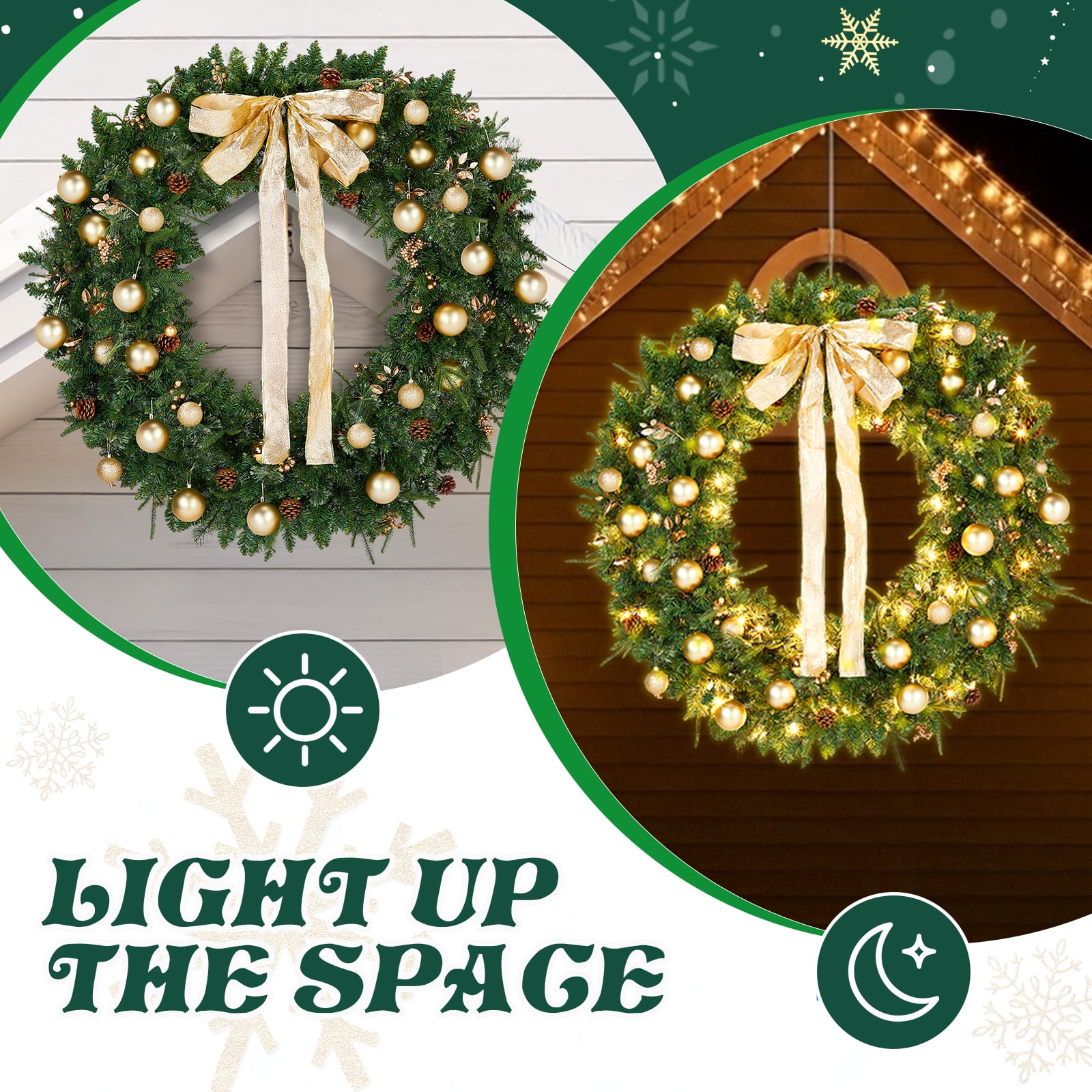 48in Pre-Lit Christmas Wreath with Remote Control 8 Modes and DIY Ornaments