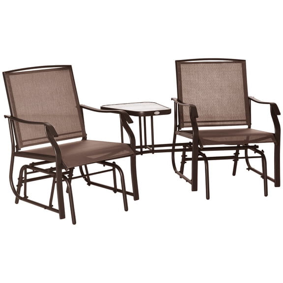 Outdoor Glider Chairs with Coffee Table, Patio 2-Seat Rocking Chair Swing Loveseat with Breathable Sling for Backyard, Garden, and Porch, Coffee Brown