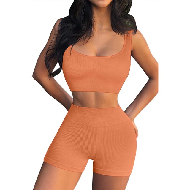 Women's Workout Outfits 2 Piece Yoga Set Seamless Ribbed Crop Tank Tight Shorts Gym Suit