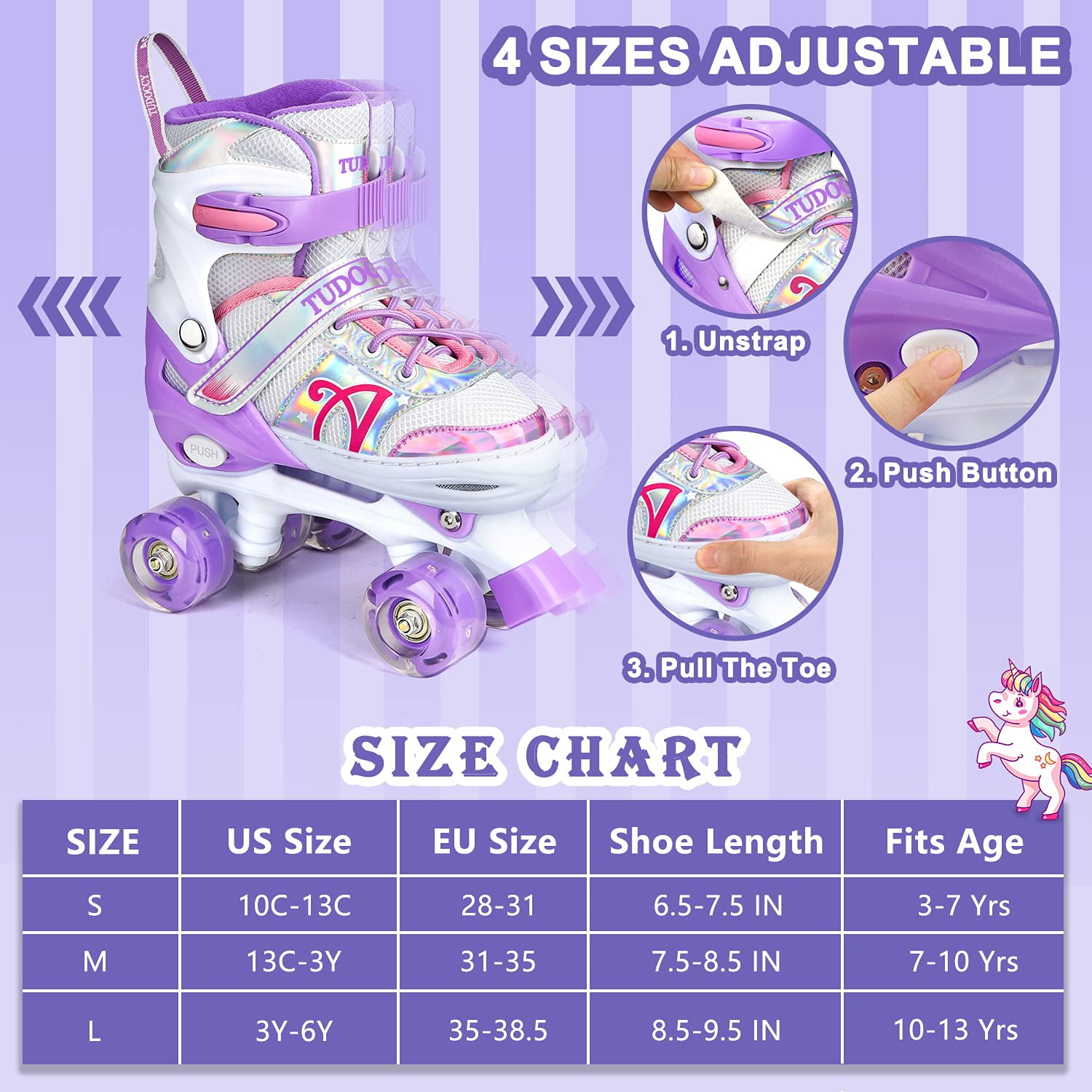 weituo Women's Adjustable Glow-In-The-Dark Roller Skates, Purple