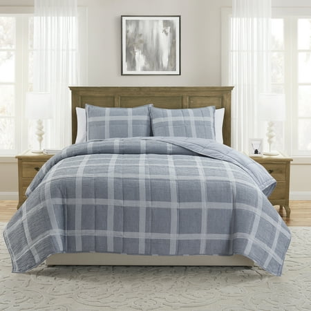 My Texas House Waldin Adult 3-Piece Dark Blue Windowpane Plaid Box Quilt Set, King