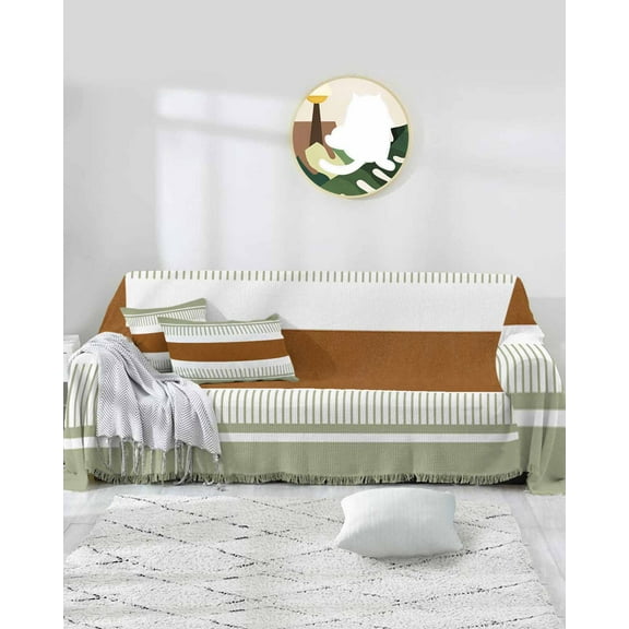 Sage Green Stripes Sofa Covers for 3 Cushion Couch,Washable Sectional & L Shape Couch Covers for Dog/Cat/Kids,Contemporary Geometric Brown Boho Non Slip Sofa Slipcover Tassel Futon Cover 71x150