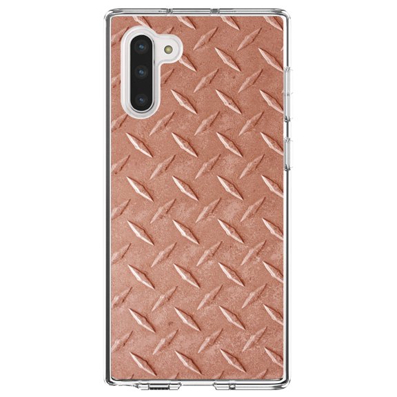 DistinctInk Clear Shockproof Hybrid Case for Samsung Galaxy Note 10 (6.3" Screen) - TPU Bumper, Acrylic Back, Tempered Glass Screen Protector - Orange Diamond Plate Steel Image - Printed Diamond Plate
