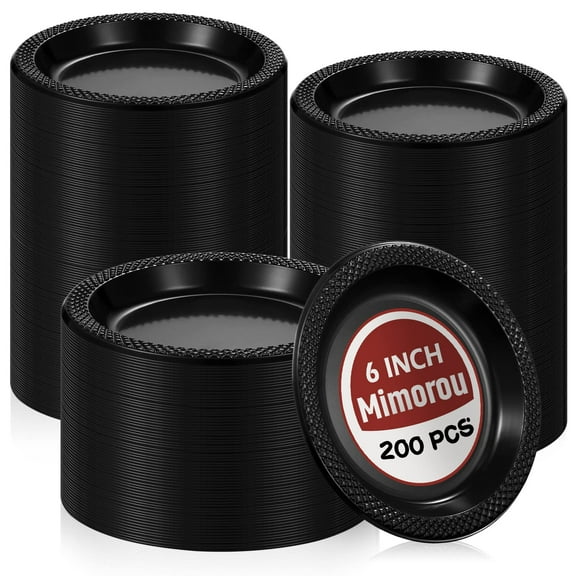 Mimorou 200 Pcs Plastic Dessert Plates AFN16 Inch Disposable Round Dinner Cake Plates Bulk for Wedding Birthday Picnic Salad Appetizer Party Supplies(Black)