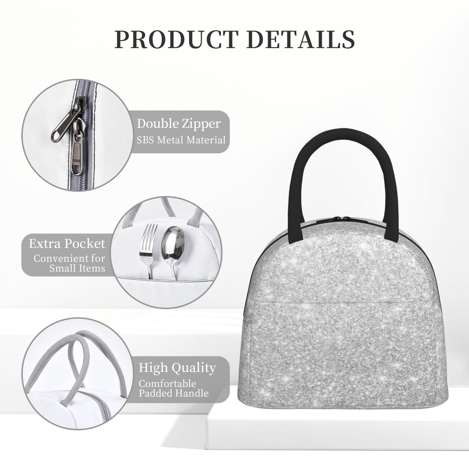 Logiee Silver Glitter Print Lunch Bag for Women & Men,Adult Insulated Lunch Box,Food Lunch Containers,Reusable High Capacity Lunch Tote Bags for Work, Travel, Outdoor