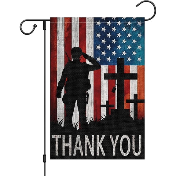 Memorial Day Garden Flag 12x18 Inch Double Sided Burlap American Soldier Cross Thank You Patrioctic Flag 4th of July Outside Yard Decoration