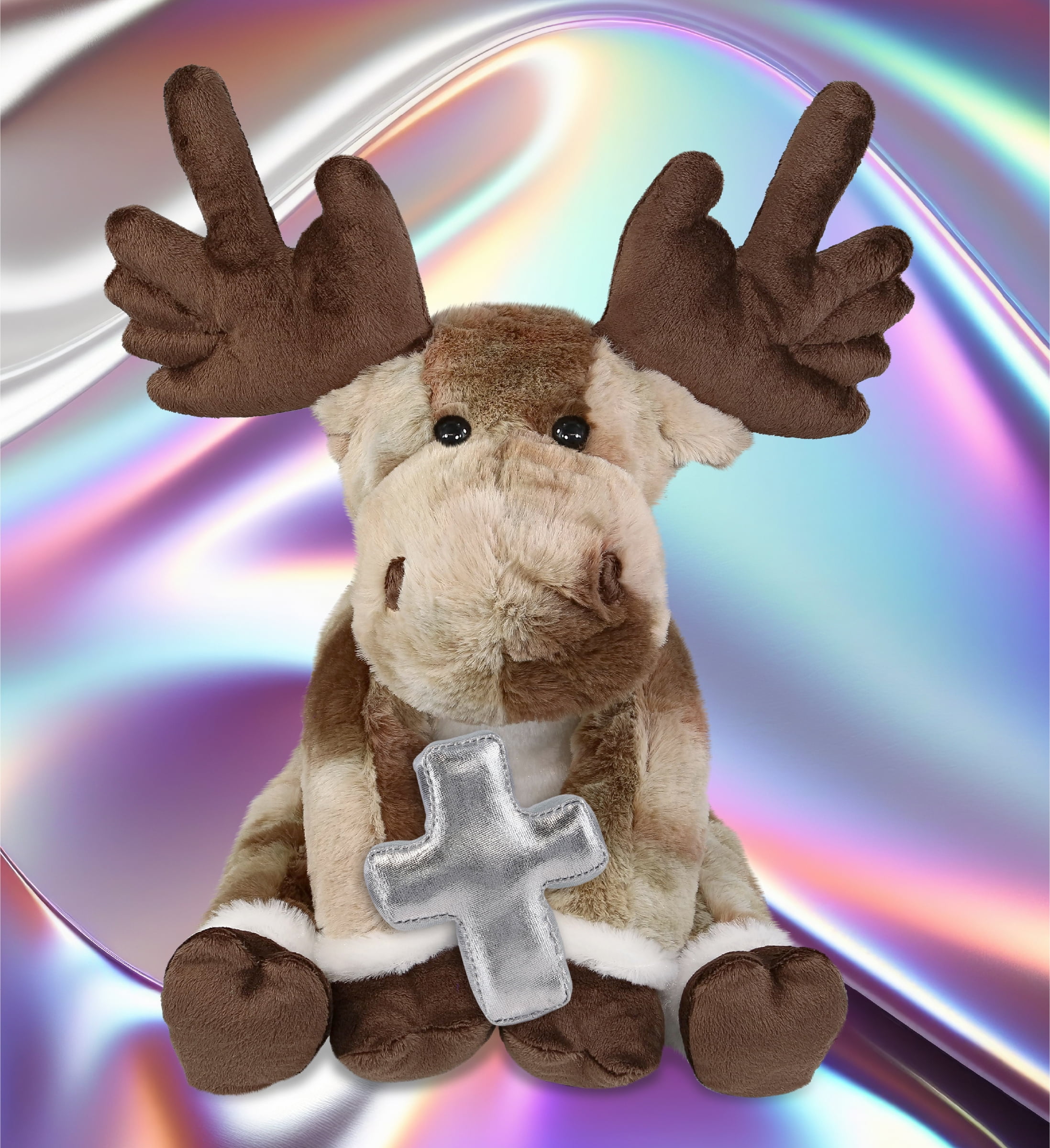 DolliBu Forest Floppy Moose Stuffed Animal with Silver Cross Plush - Religious Baptism Gifts for Boys and Girls, Dedication Christening Gifts Plush Prayer Toy Healing Stuffed Animal - 10.5 Inches