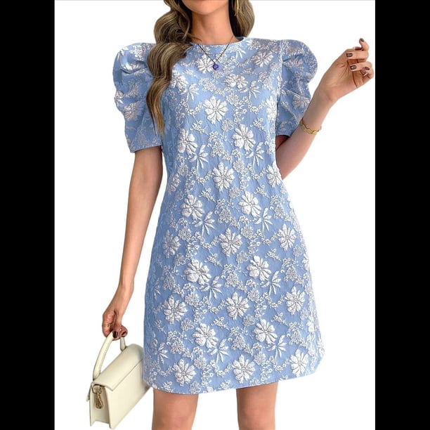 Vestido Corto Bohemio de Verano con Mangas Abullonadas y Estampado Floral para Mujer, Cintura Alta Azul XXL