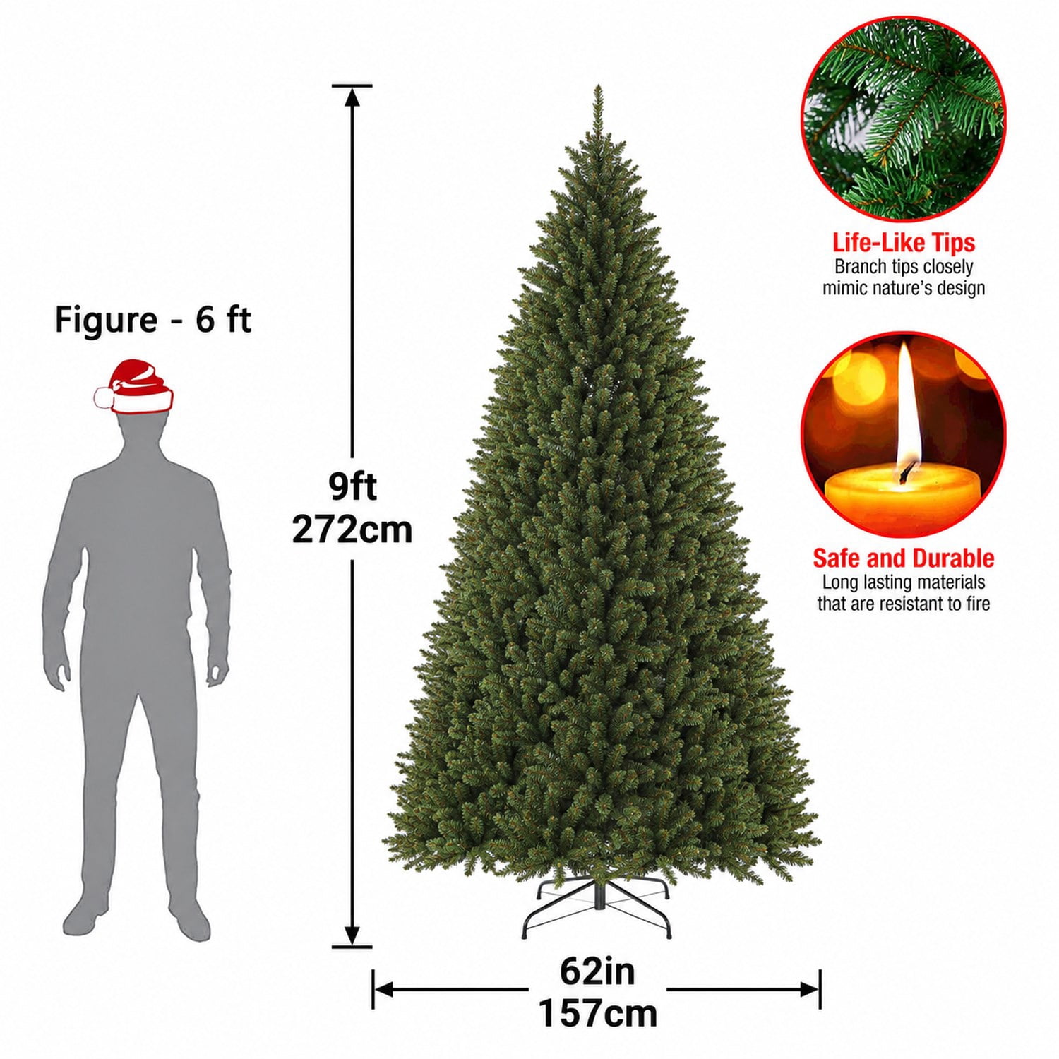 9 ft Artificial Christmas Tree, Army Green, 2830 PVC Branch Tips, Metal Hinges and Foldable Base