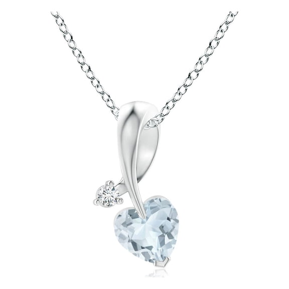 ANGARA Natural Heart-Shaped Aquamarine Ribbon Pendant with Diamond in 14K White Gold for Women (Size-4mm) | March Birthstone, Anniversary, Jewelry Gift for Women | Natural Aquamarine Necklace