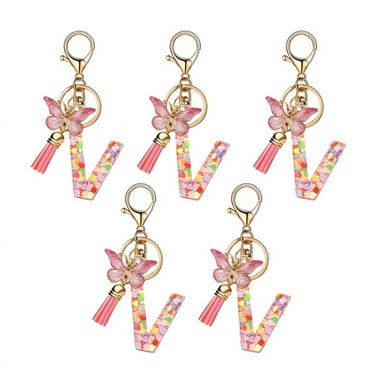 V Style Letter Pendant Pink Cute Initial Keychain Butterfly Keychain