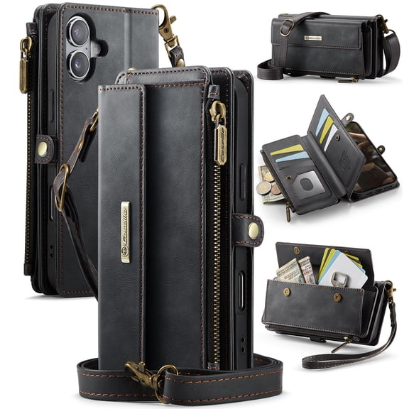 Corliven for iPhone 16 Case, PU Leather Flip Wallet Cover with Card and Cash Slots, Shock Protection and Wrist Strap, Black