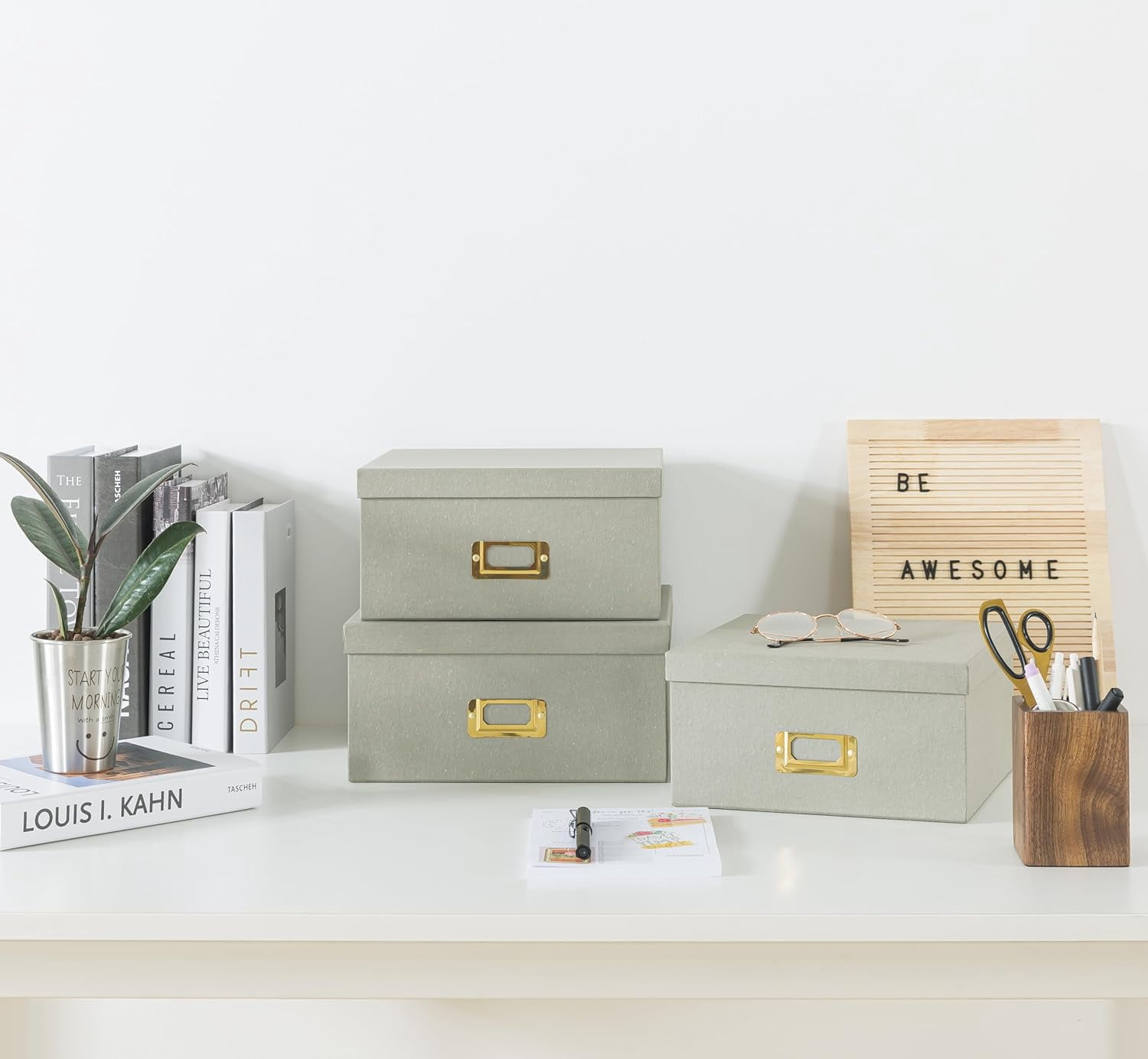 Square Stacking Boxes with Lids and Gold Label Holders, Decorative Photo Storage, Nesting Cardboard Set for Decor and Organizing