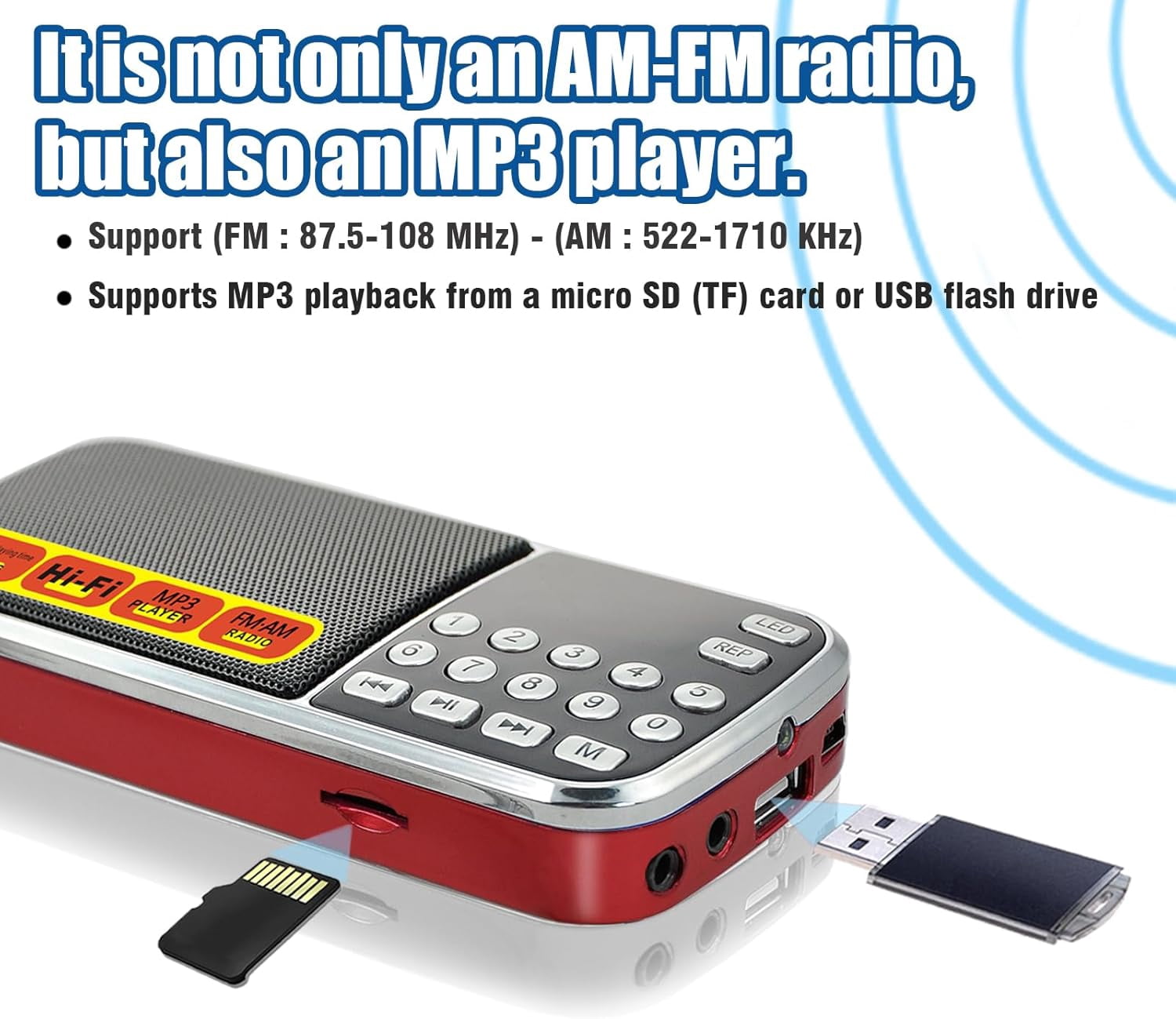 Portable AM/FM Radio with MP3 Player Support, USB/TF Card Playback, Rechargeable Battery, Excellent Reception & Sound Quality, Compact Design with Flashlight for Outdoor Use