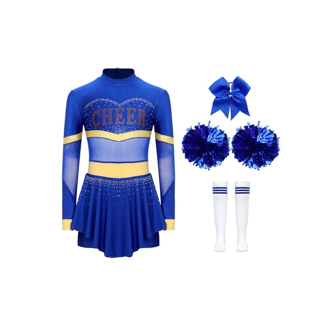 Aislor Tenues de Cheerleading pour Filles Enfants Costume de Cosplay Chef de Cheer Halloween Robe de Fête Rave Danse Justaucorps Bleu Royal A 12