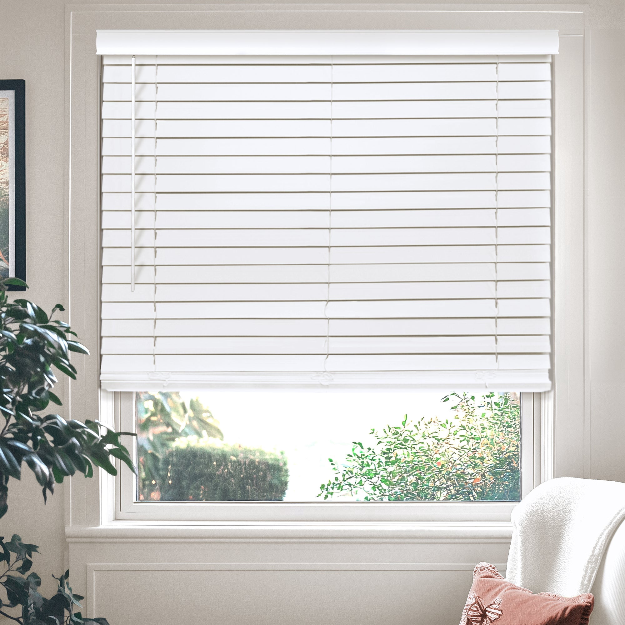 Chicology White Cordless 2” Inch Faux Wood Blinds for Windows with Valance |61.5"W X 72"H| Room Darkening | Light Filtering | Easy Install | Moisture Resistant