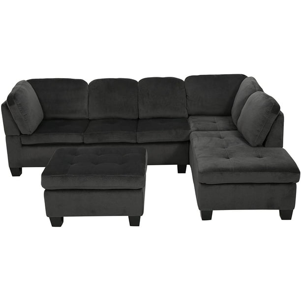 Modern Contemporary 3 Piece Fabric, Charcoal Gray Leather Sectional Sofa With Chaise Lounge