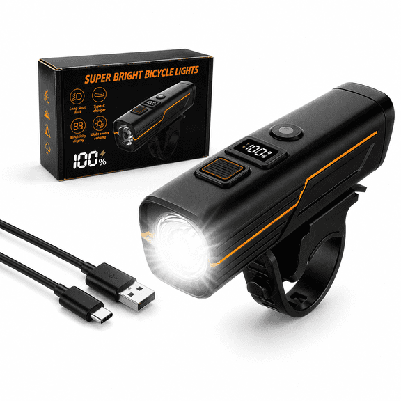 Volivo Super Bright Bicycle Lights for Night Riding, Waterproof USB Rechargeable with Battery Display, Auto Light Sensor for Road & Mountain Cycling