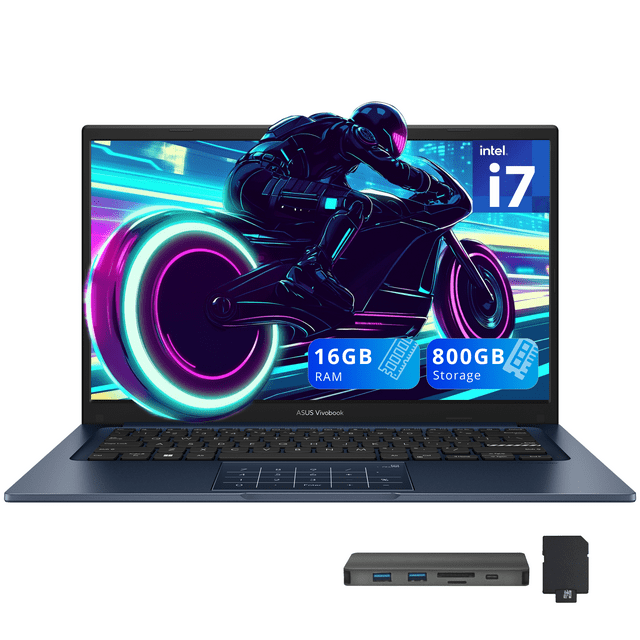 ASUS Vivobook 14" FHD Business Laptop, Intel i7-1355U,16GB RAM,800GB Storage(512GB SSD+288GB Docking Station Set),Intel UHD Graphics, Number Pad, Webcam, Win 11, Quiet Blue