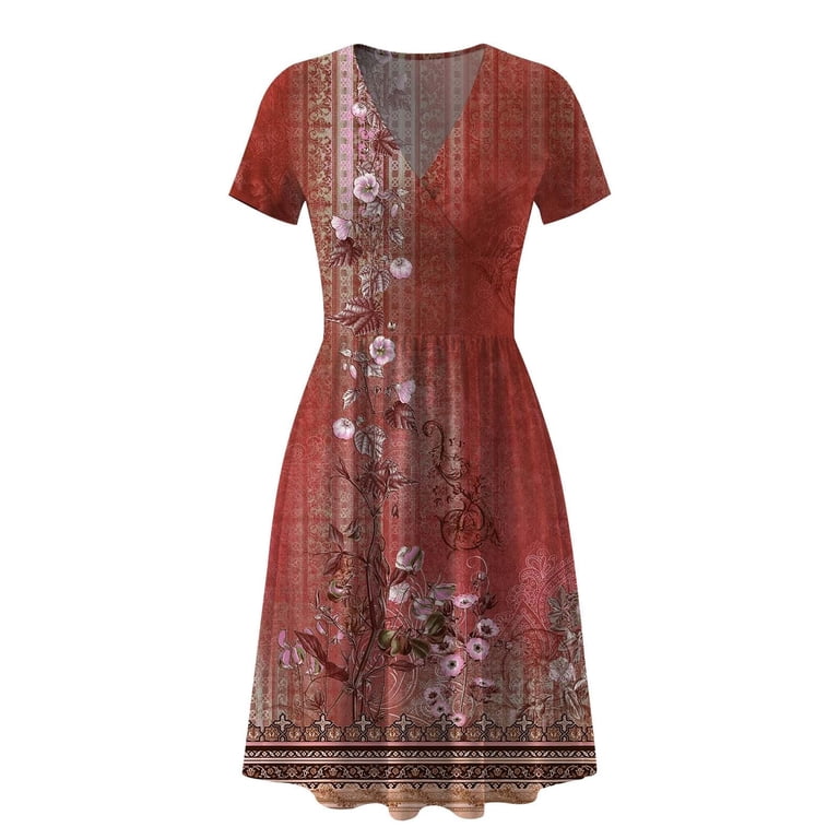 Byworldtasic Women's Plus Size V Neck Knee Length Dress Casual Floral Dresses Summer Short Sleeve Sundress with Pockets, Size: XL
