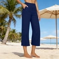 thumbnail image 3 of Linen Capri Pants for Women Wide Leg Summer Boho Capris Dressy Casual Elastic Waist Beach Trousers with Pockets Navy S, 3 of 8