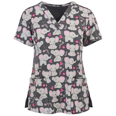 

Inevnen Navison Working Uniform T Shirt Women Print Short Sleeve V-Neck Scrub Top Tee with Pockets