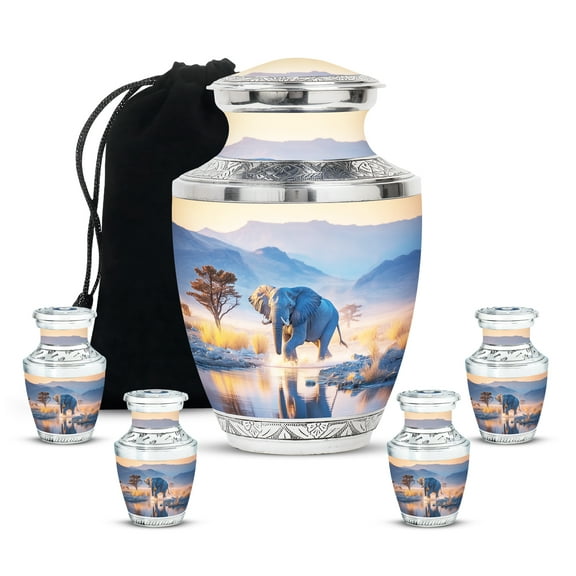 MUKTIVE Elephant Memorial Urns for Human Ashes Adult Female Large 10 Inch - Funeral Keepsake 3 inch Cremation Urns for Human Ashes - Burial Urn for Mother & Father (1 Large, 4 Keepsake)