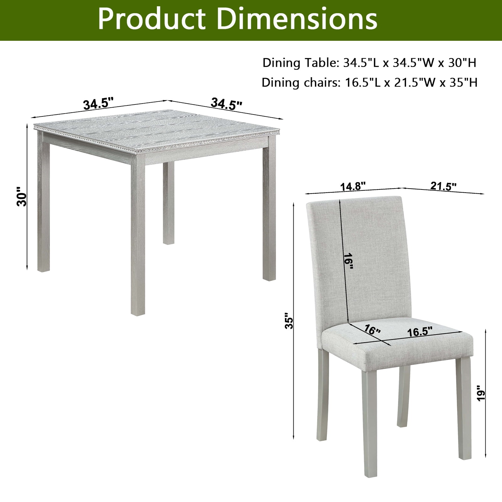 MAYEERTY 5 Piece Wooden Dining Table Set, Kitchen Table Set with a Square Table and 4 Upholstered Chairs, Wooden Dining Room Table with Crystal Decoration Chairs Set Silver grey