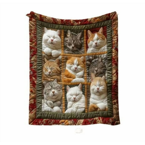 Sleeping Cat Sherpa Fleece Throw Blanket, for Kids Girls Boys,Cute Animal Plaid Design Cozy and Lightweight, 59.1 X 51.2 Inches