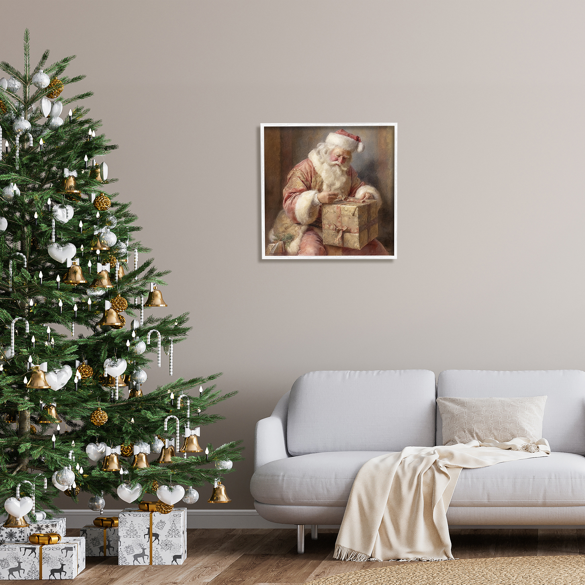 Stupell Industries Vintage Santa Wrapping Gift Holiday Painting White Framed Art Print Wall Art, 24 x 24