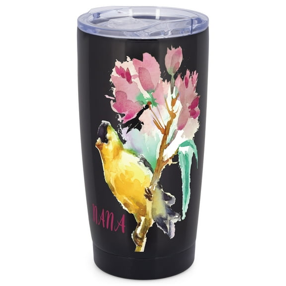 Elanze Designs Nana Watercolor Bird Flower Family Love Wrap-Around Design 20 Ounce Stainless Steel On-The-Go Coffee Mug, Thermal Travel Tumbler with Leak Resistant Slide Lid, Sleek Black