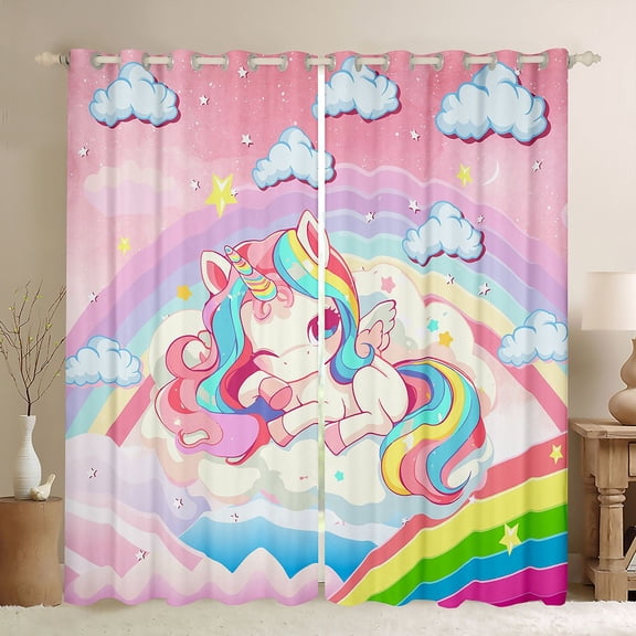 Homewish Colorful Cute Unicorn Black Out Curtains,Kawaii Rainbow Stars Pattern Curtains Pack of 2 (42x63 Each), Magic Animal Bedroom Curtains For Girls Teens,Super Cozy Room Decor
