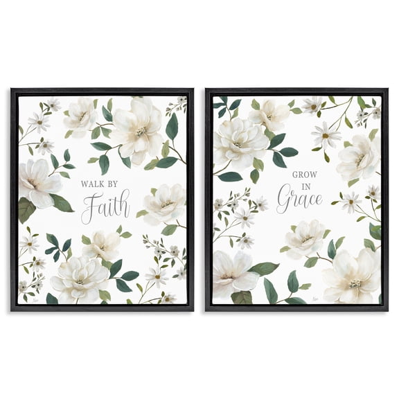 Stupell Industries Spiritual Faith Sayings with Florals 2 Piece Black Framed Floater Canvas Set, design by Nan