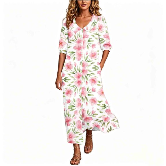 Lnmiateer Women Beach Vacation Swing Dress Collared 3/4 Sleeve Button‑Down Loose Fit With Side Pockets Casual Going‑Out Outfit