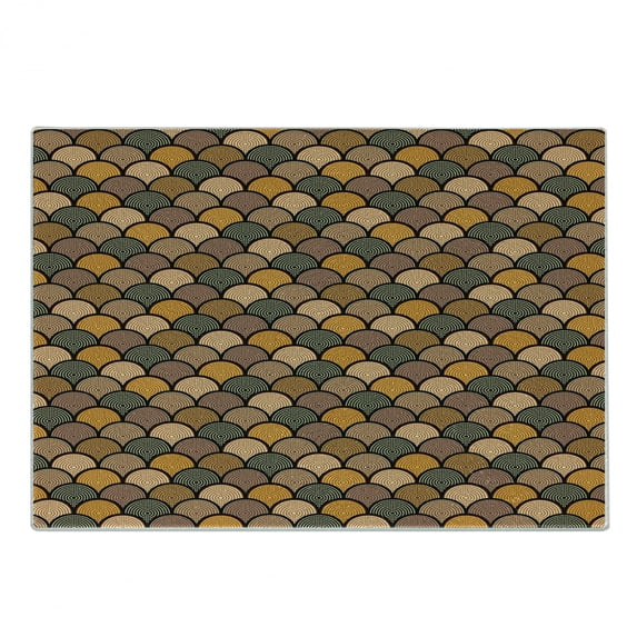 Aboriginal Cutting Board, Abstract Repeating Pattern of Overlapping Dotted Rounds in Earth Tones, Decorative Tempered Glass Cutting and Serving Board, in 3 Sizes, by Ambesonne