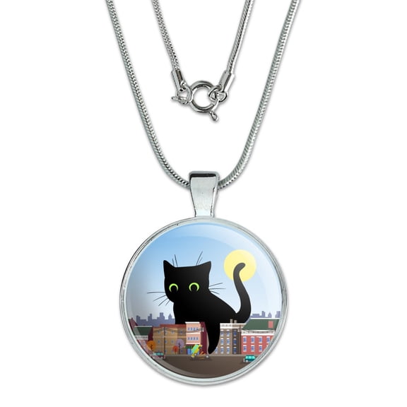 Giant Black Cat Playing with Cars 1" Pendant with Sterling Silver Plated Chain