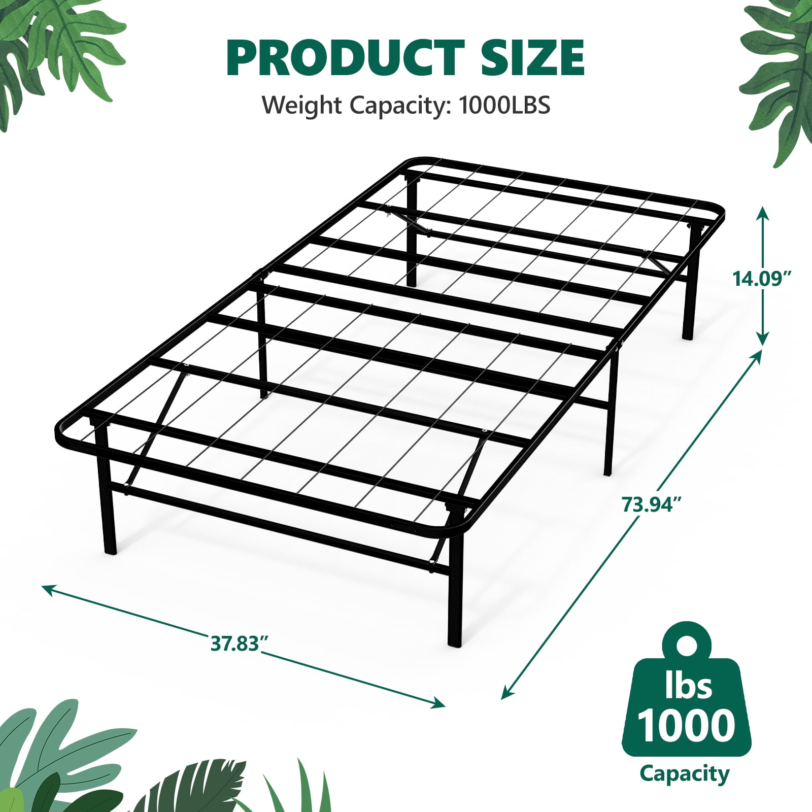 WLLJOY Twin Bed Frame Folding Metal Platform Bed Frame with Heavy Duty and Strong Bearing Capacity, 14 Inches High, Black