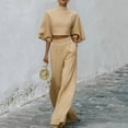 thumbnail image 2 of Womens Casual Two Piece Outfit High Neck Puff Sleeve Crop Top High Waist Wide Leg Pants Textured Casual Set Khaki L(L), 2 of 8