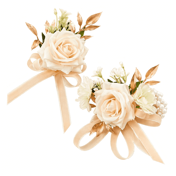 Champagne Rose Corsage Corsage and Boutonniere Set, Artificial Rose Wrist Corsage Wristlet and Men Boutonniere for Wedding Prom Party Suit Decorations, 2 Pack