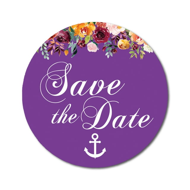 Darling Souvenir 45 Pcs Violet Round Floral & Anchor Save The Date Stickers DIY Envelope Seals-1.6 Inches