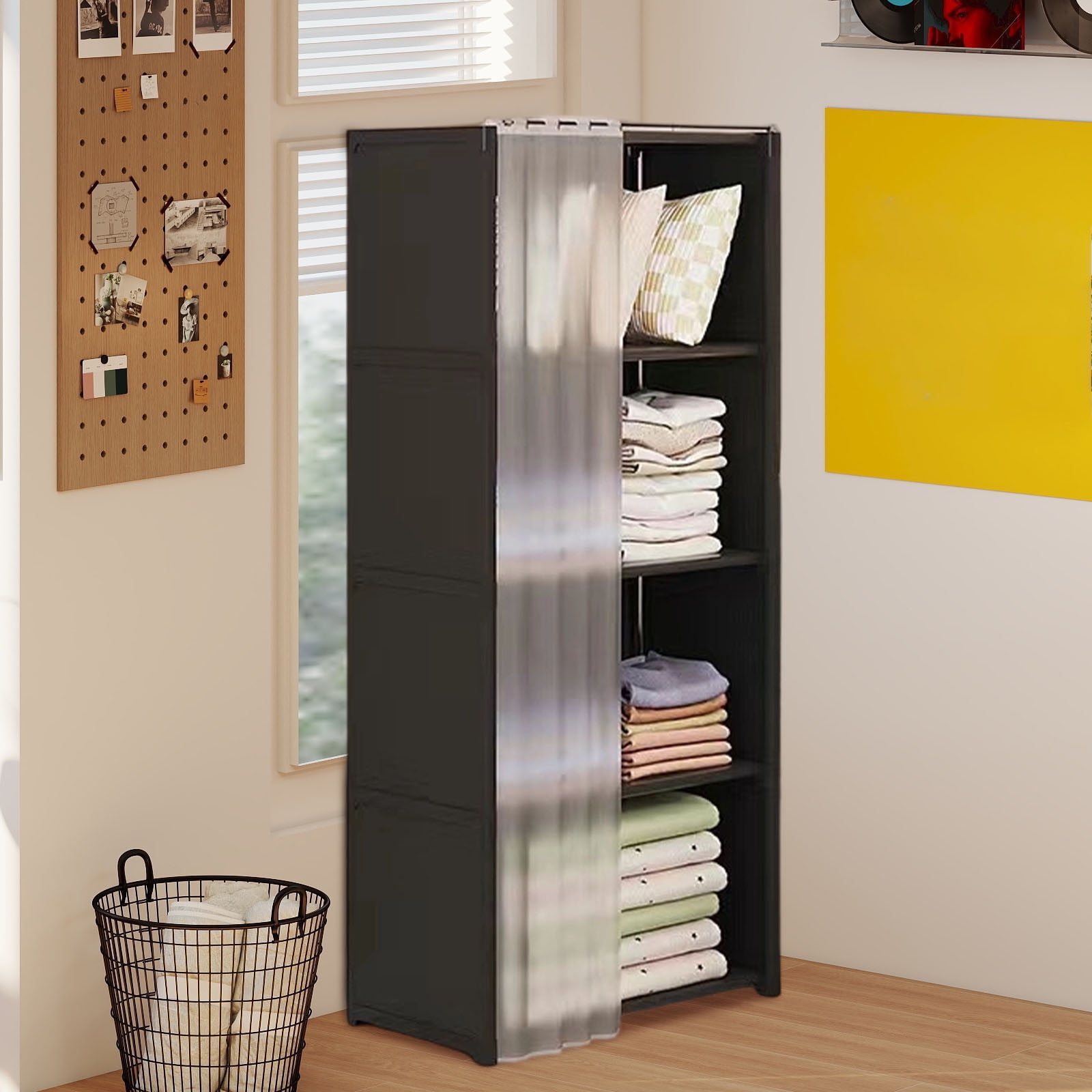 4-Tier Wardrobe Closet with Zippered Dust-Proof Curtain, Fabric Storage Organizer for Bedroom, Heavy Duty Closet Organizer with Shelves, Easy Assembly Standing Wardrobe Cabinet for Clothes