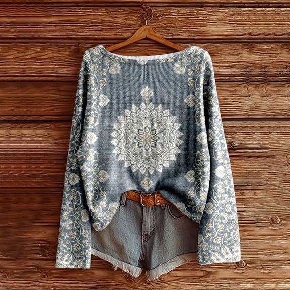 Womens Tshirt Retro Floral Print Long Sleeve Crew Neck Loose Comfort Top Breathable Womens Tees Grey L