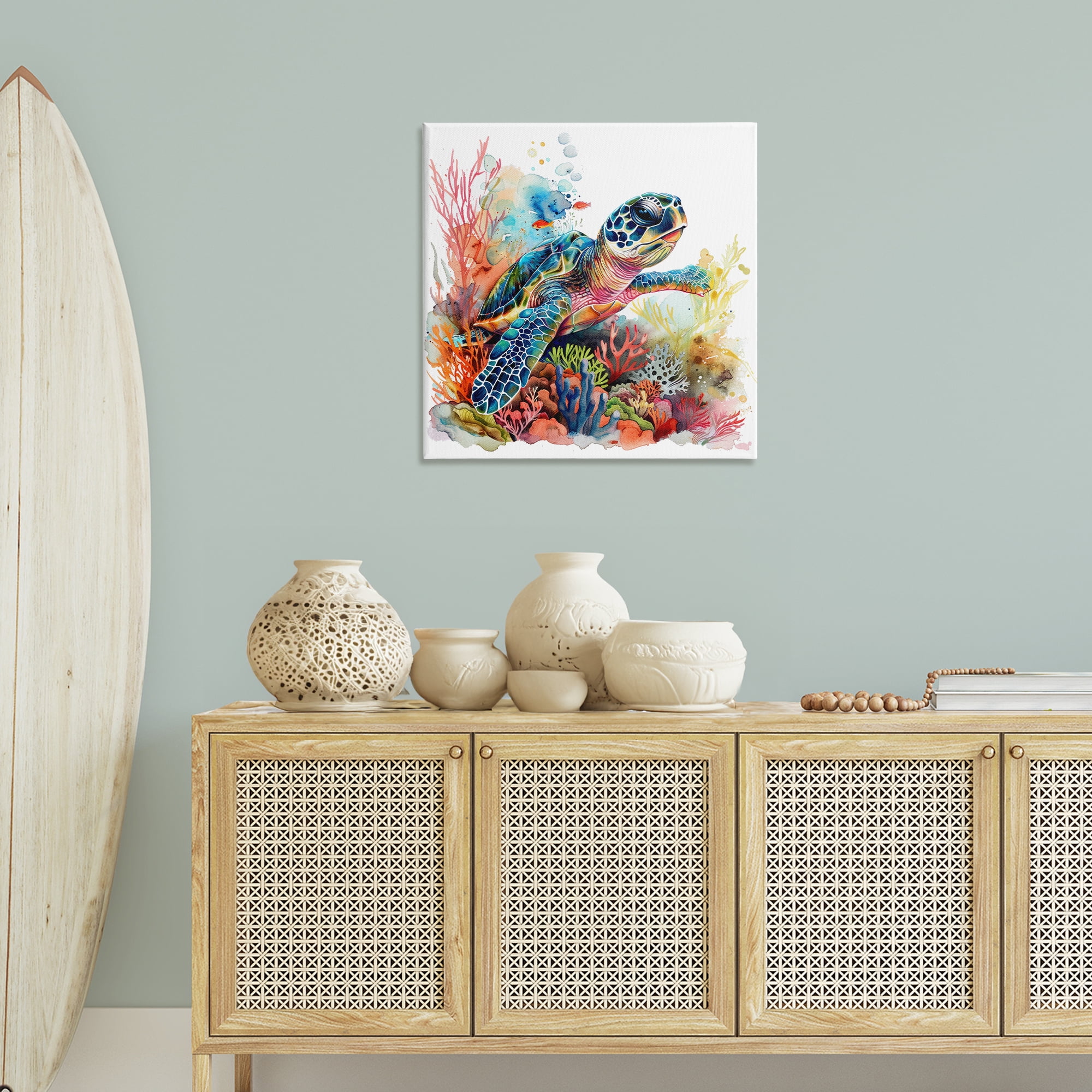Stupell Industries Swimming Turtle Undersea Animals Painting Wrapped Canvas Art Print Wall Art, 30 x 30
