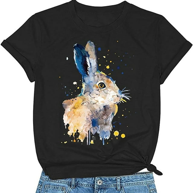 EGNMCR T-Shirt de Pâques à Manches Courtes pour Femmes, Imprimé de Pâques, T-Shirt Ample à Manches Courtes à Col Rond avec Motif Imprimé de Lapin de Pâques pour Femmes, T-Shirt pour Femmes