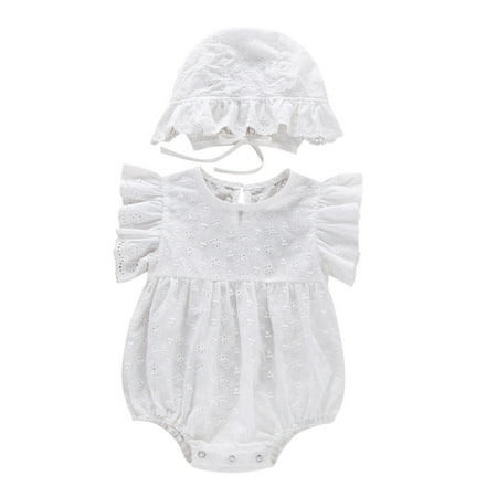 

QYZEU Cute Shirts for Girls New Home Blanket Baby Girls Short Ruffled Sleeve Solid Floral Romper With Hat Outfit Set Clothes 2Pcs