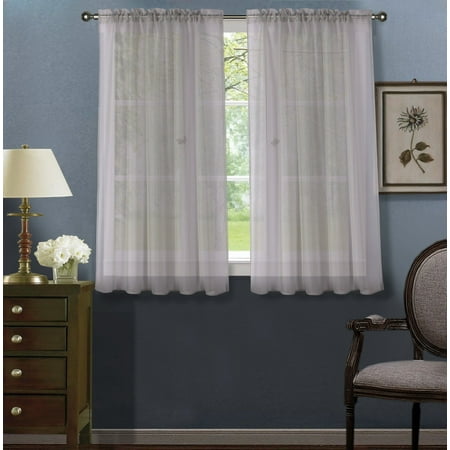 36 Inch Sheer Curtains 2pc Silver Solid Sheer Voile Window Curtain Set, Two (2) Rod Pocket Panels 55