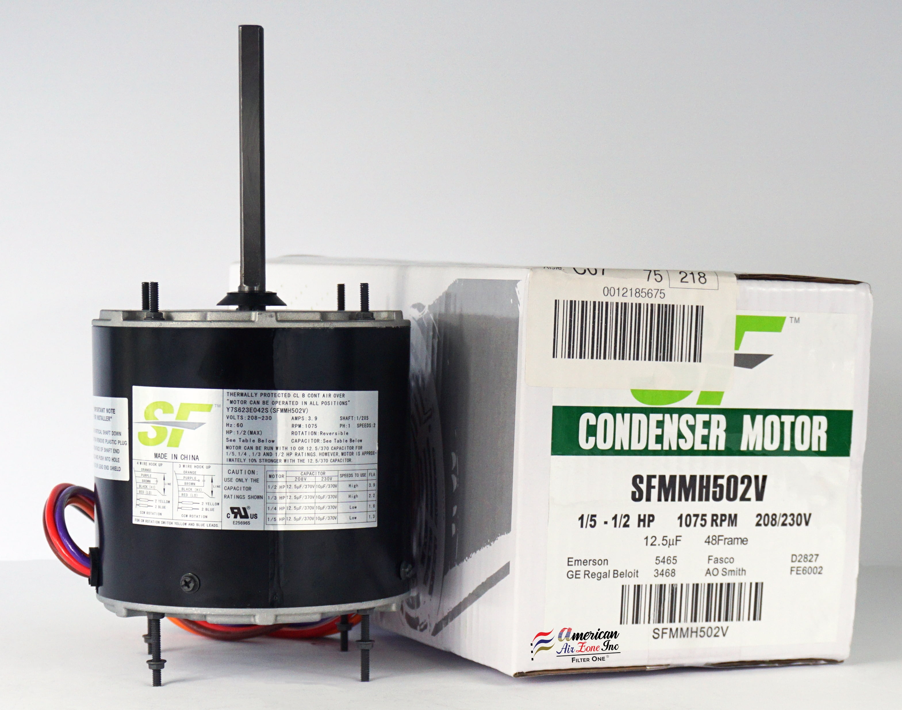 Trane SF - Multi HP - AC Condenser Motor - 1/5 ~1/2 HP - 208 / 230 Volts - 1075 RPM - 48Y Frame - SFMMH502V - Replaces Emerson 5465 - A O Smith FE6002 - GE 3468 - Fasco D2827