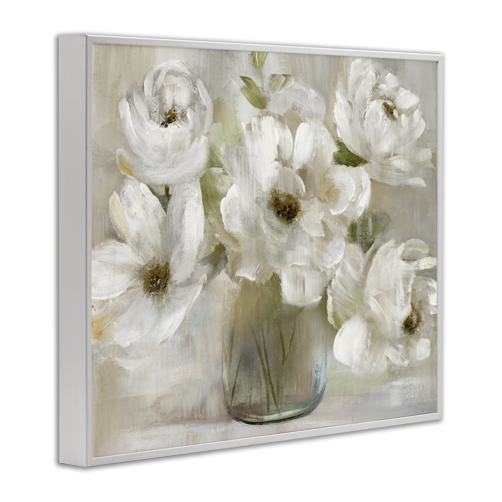 Stupell Industries Gentle White Petals in Vase White Framed Giclee Art, design by Nan